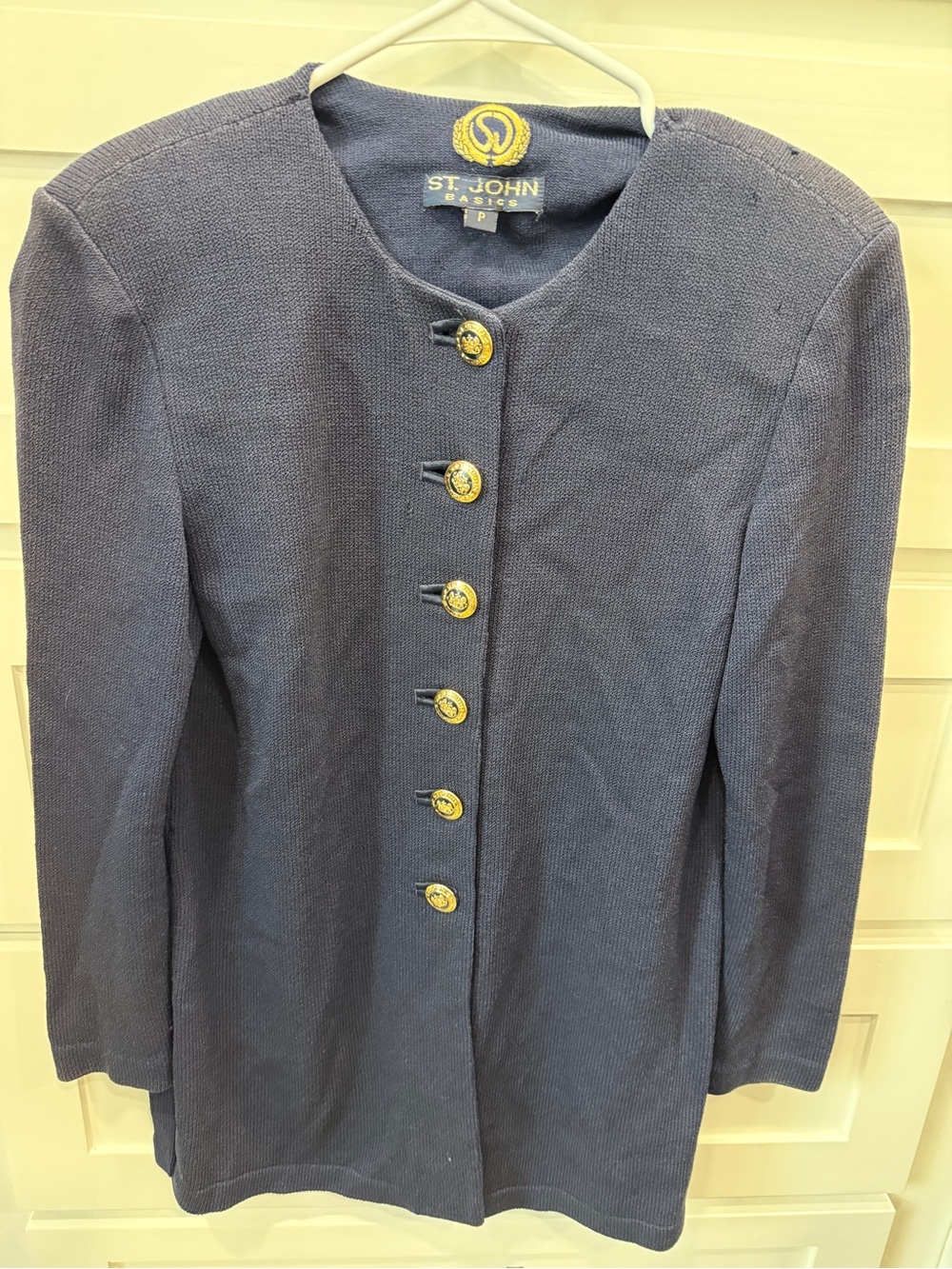 St. John Black Knit Collarless Jacket with Gold Buttons